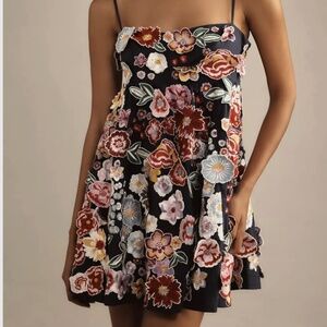 ANTHROPOLOGIE Navy Floral 3D Applique Mini Dress - Medium